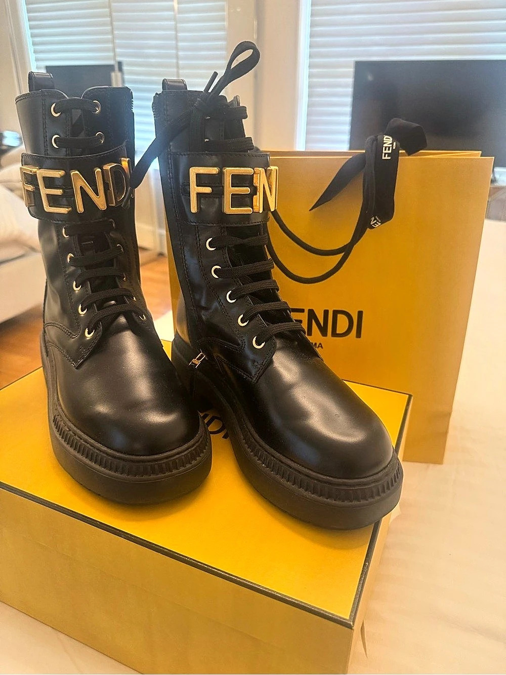 Fendi Fendigraphy Leather Combat Boots Black